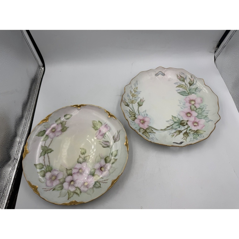 Vintage Hand Painted Floral Porcelain Wall Plates Signed J. Sprague Gold Trim x2